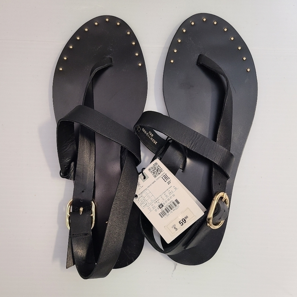 ZARA FLAT LEATHER SLIDER SANDALS WITH MICRO-STUDS BLACK SIZE 6.5 | 2620/110 - Picture 9 of 10